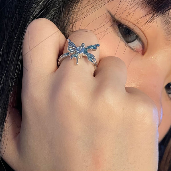 Blue drip-glaze butterfly ring