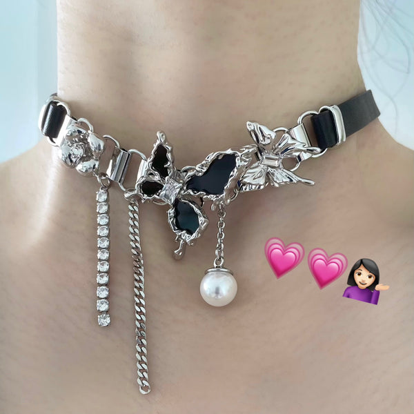 Eye-catching liquid-metallic butterfly leather choker with crystal pearl tassels