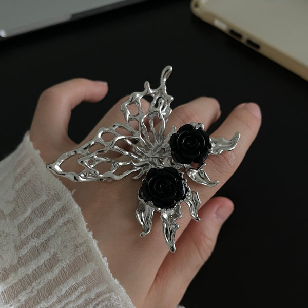 “Black Rose” butterfly-inspired silver ring